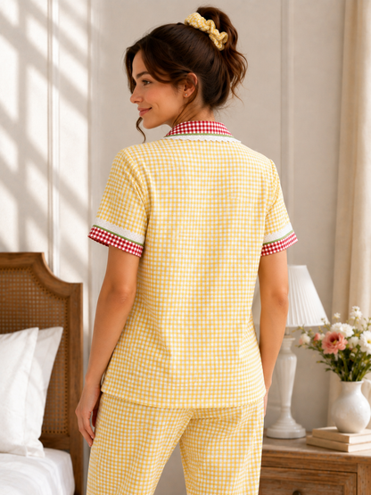 Yellow Orange Daisy Checks Pj Set (Women)