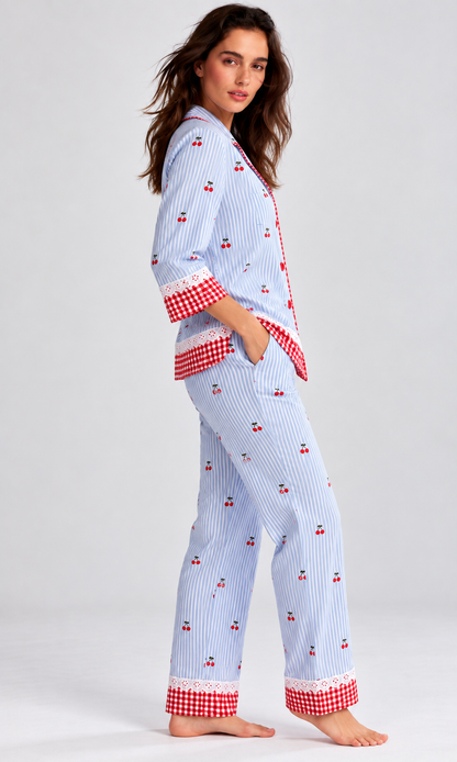 Blue Stripe Cherry PJ Set