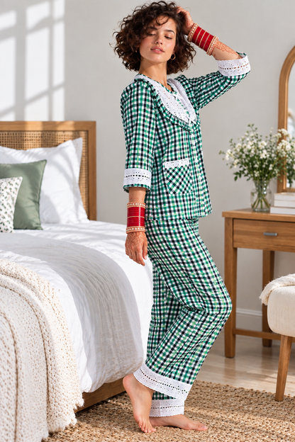 Green Checks Round Neck Pj Set