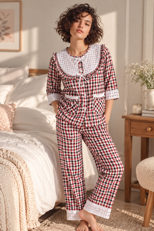 Red Checks Round Neck Pj Set