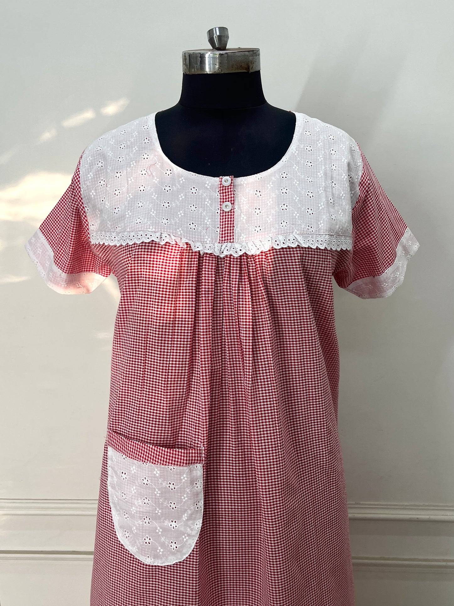 Red Checks Cotton Nighty (Women)