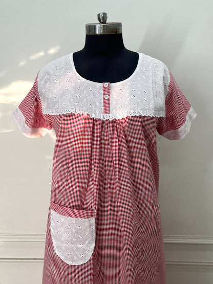 Red Checks Cotton Nighty (Women)