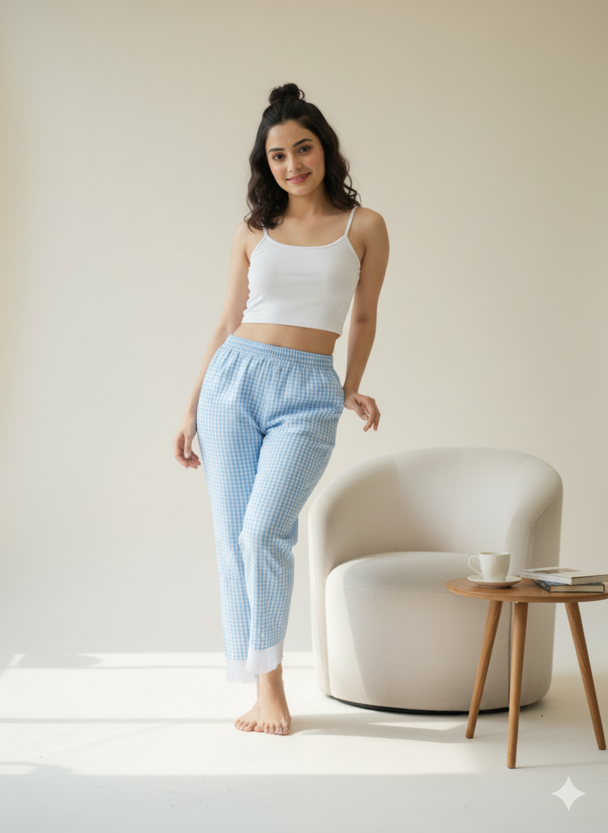 Light Blue Checks Joggers with lace (Women)