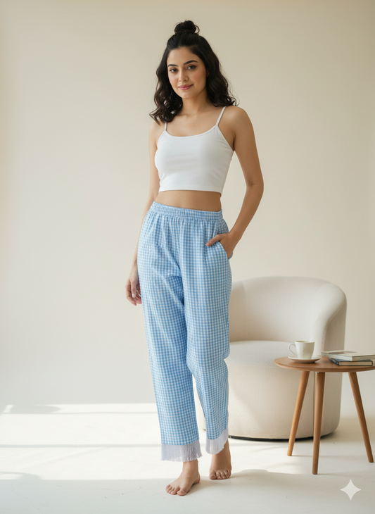 Light Blue Checks Joggers with lace (Women)