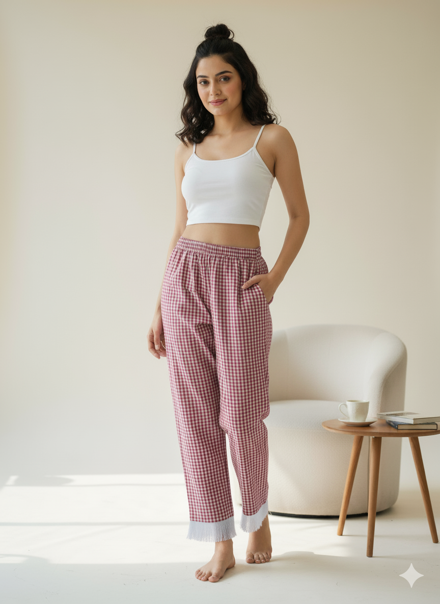 Pink Checks Joggers with lace (Women)