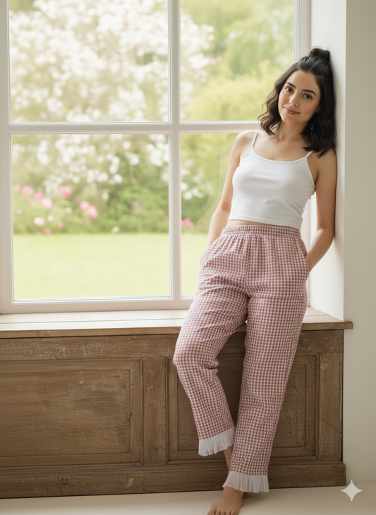 Pink Checks Joggers with lace (Women)