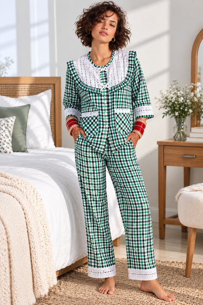 Green Checks Round Neck Pj Set