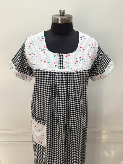 Black Check with Heart Cotton Nighty (Women)