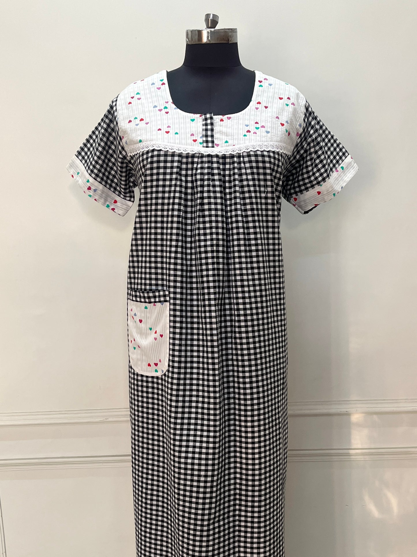 Black Check with Heart Cotton Nighty (Women)