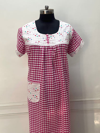 Pink Check with Hearts Cotton Nighty (Women)