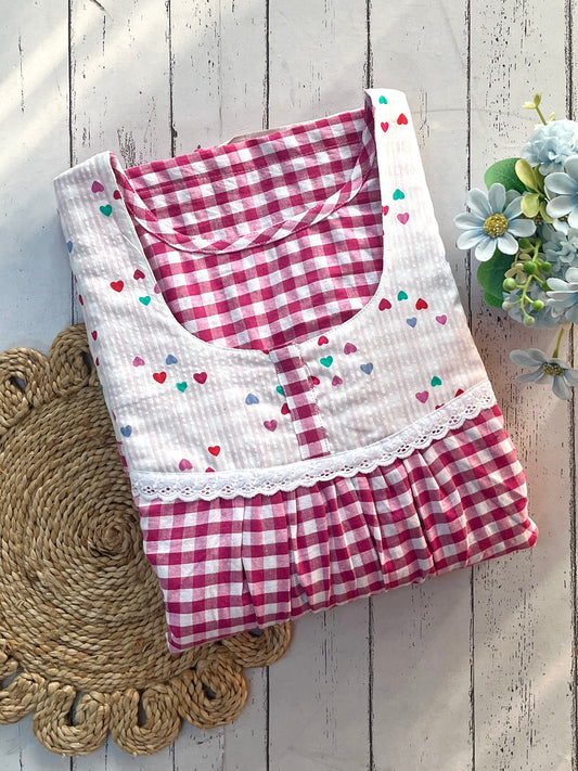Pink Check with Hearts Cotton Nighty (Women)