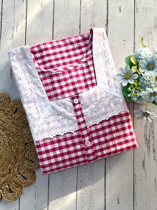 Pink Check with Lace Cotton Nighty (Women)