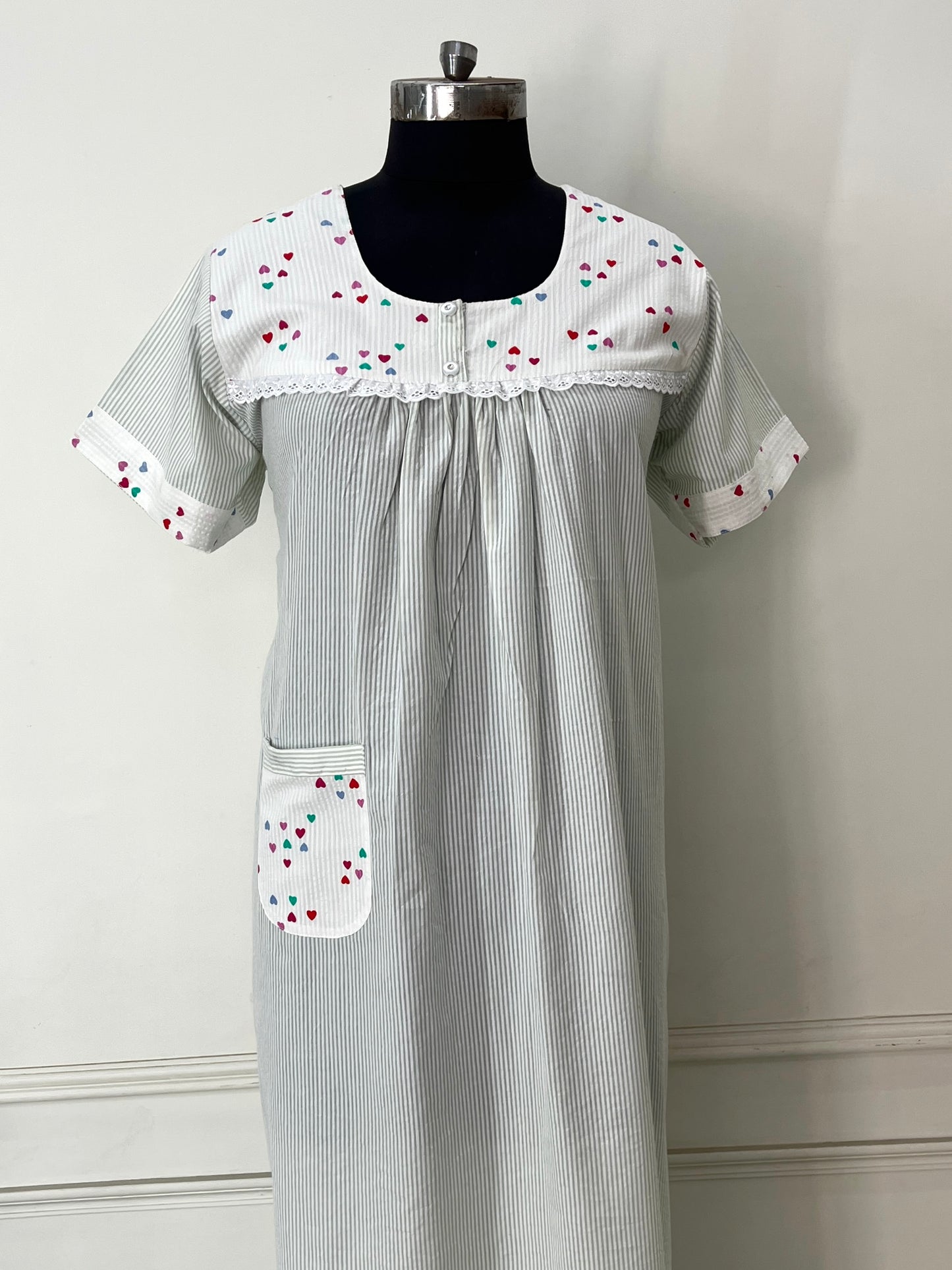 Green Stripes with Hearts Cotton Nighty (Women)
