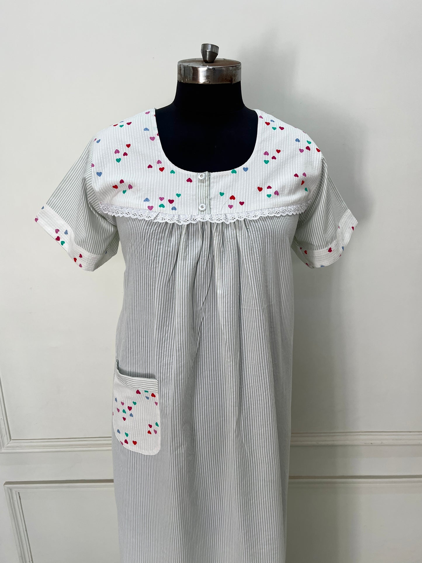 Green Stripes with Hearts Cotton Nighty (Women)