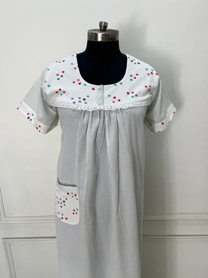 Green Stripes with Hearts Cotton Nighty (Women)