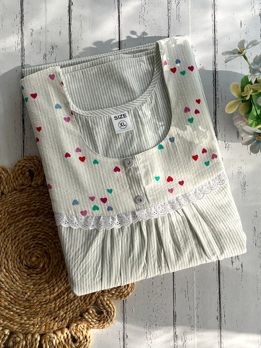 Green Stripes with Hearts Cotton Nighty (Women)