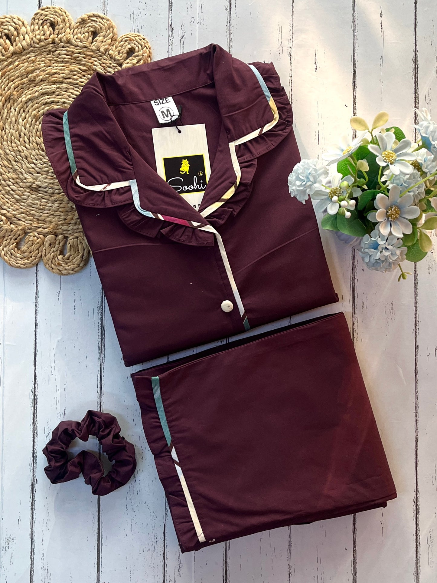 Wine Embroidered Sparrow Pj Set (Women)
