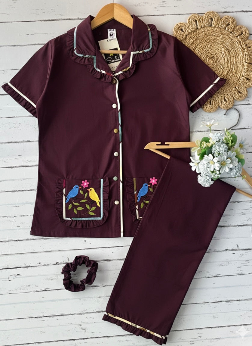 Wine Embroidered Sparrow Pj Set (Women)