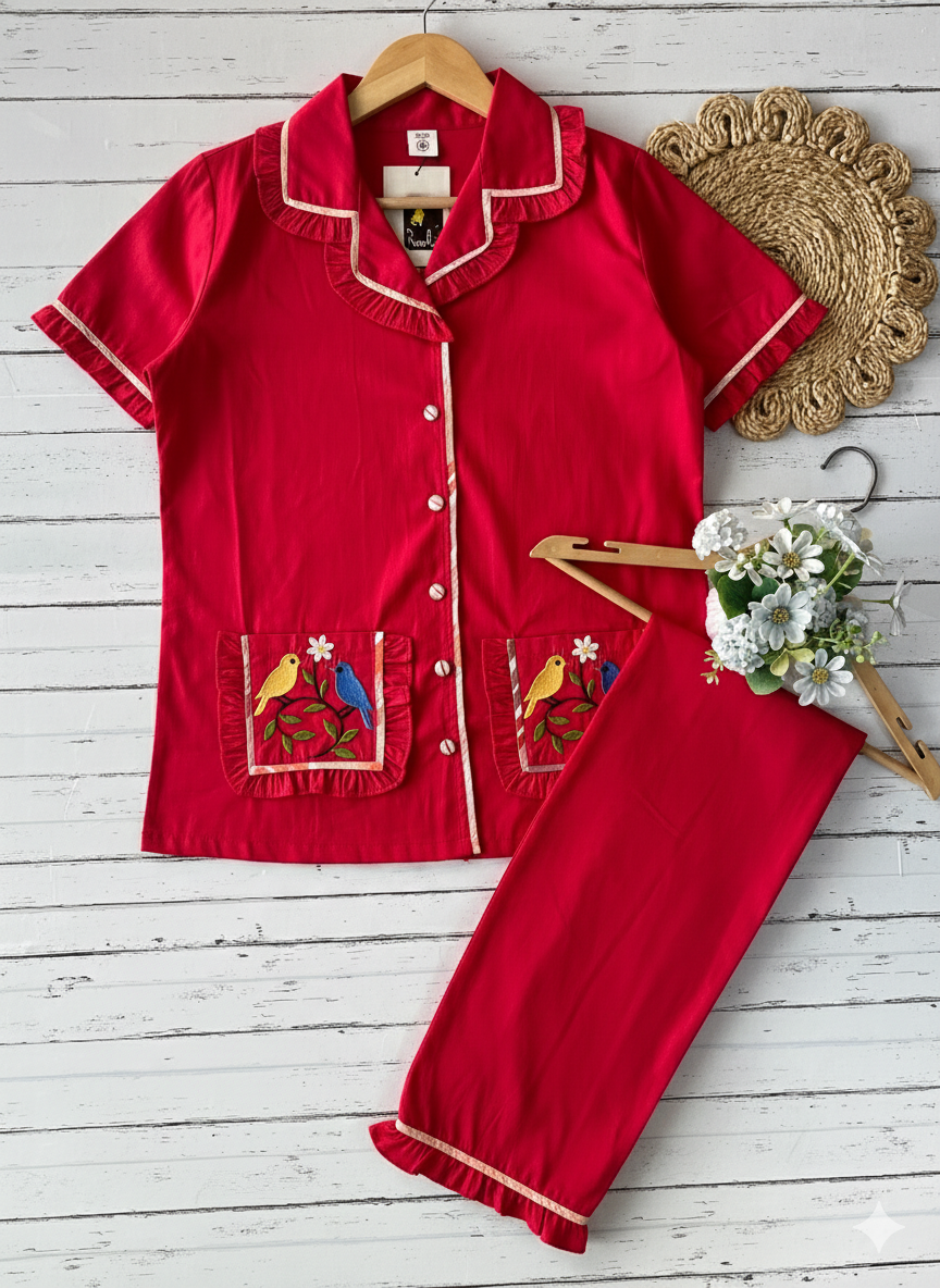 Red Embroidered Sparrow Pj Set (Women)