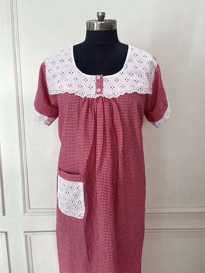 Red Check Cotton Nighty (Women)