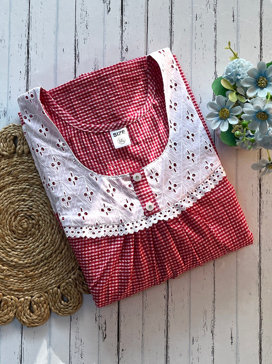 Red Check Cotton Nighty (Women)