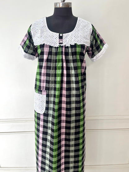 Black Multi Check Cotton Nighty (Women)