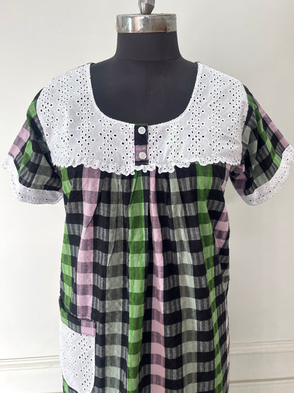 Black Multi Check Cotton Nighty (Women)
