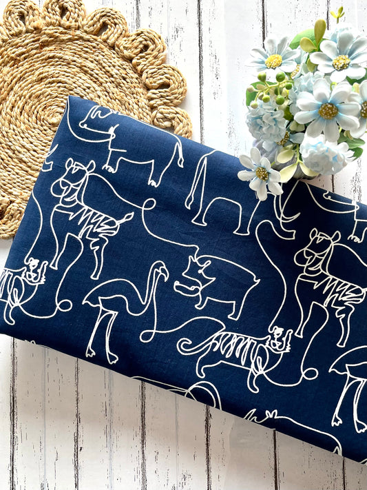 Blue Animal Line Art Pure Cotton Fabric