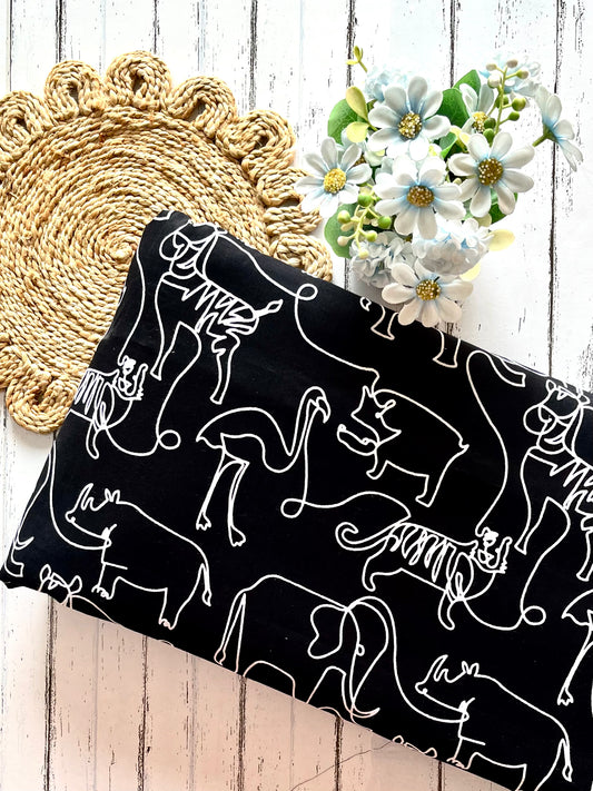 Black Animal Line Art Pure Cotton Fabric
