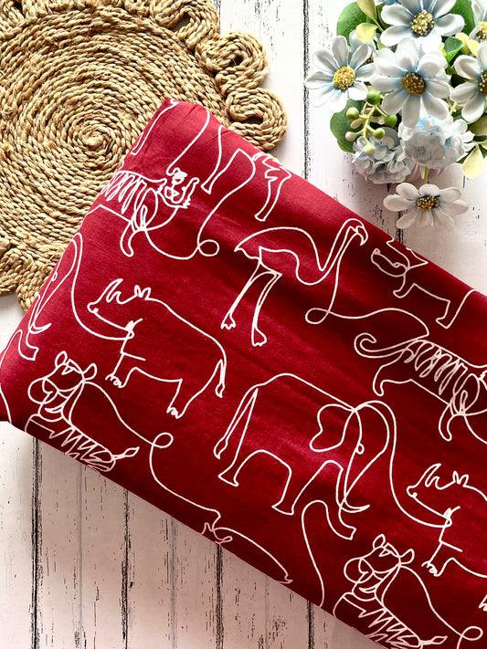 Mehroon Animal Line Art Pure Cotton Fabric