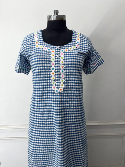 Blue Check Cotton Nighty (Women