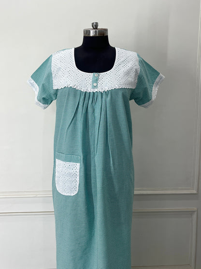 Green Check Chicken Cotton Nighty (Women)