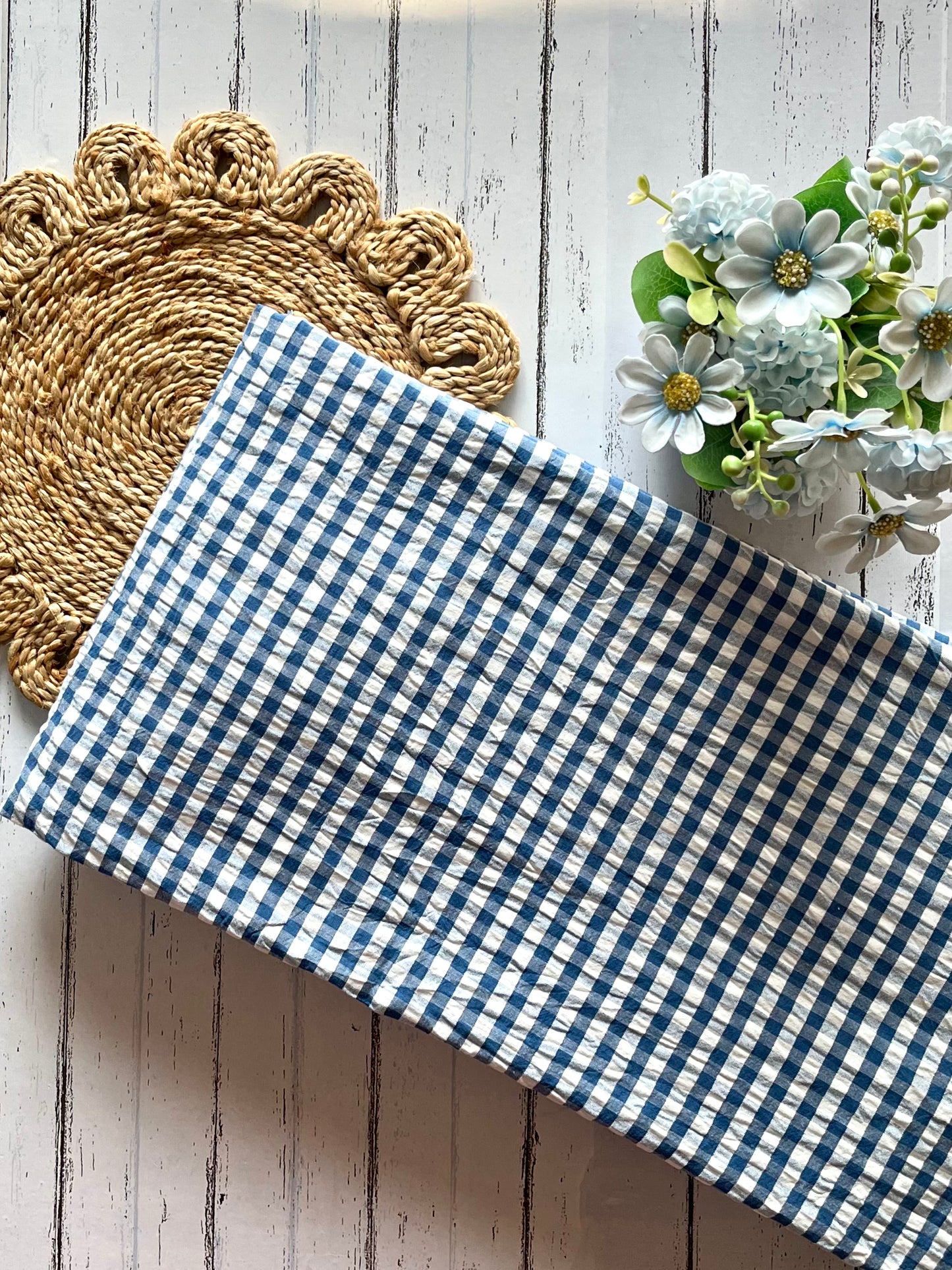 Blue Check Pure Cotton Seersucker Fabric