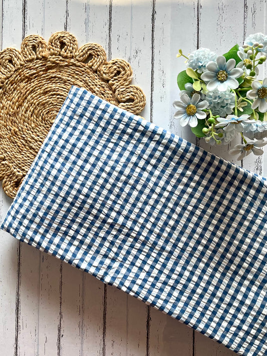Blue Check Pure Cotton Seersucker Fabric