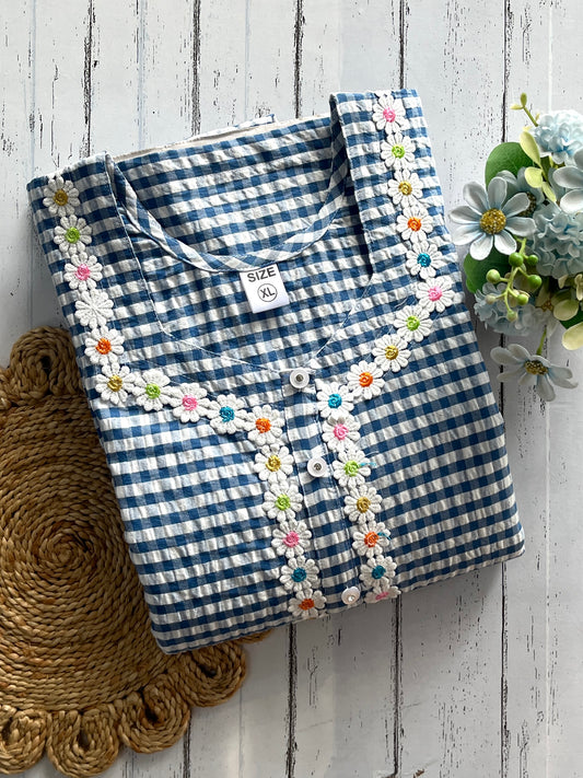 Blue Check Cotton Nighty (Women