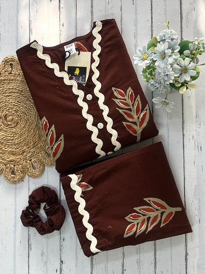 Brown Leaves V-Neck Pj Set (Women)