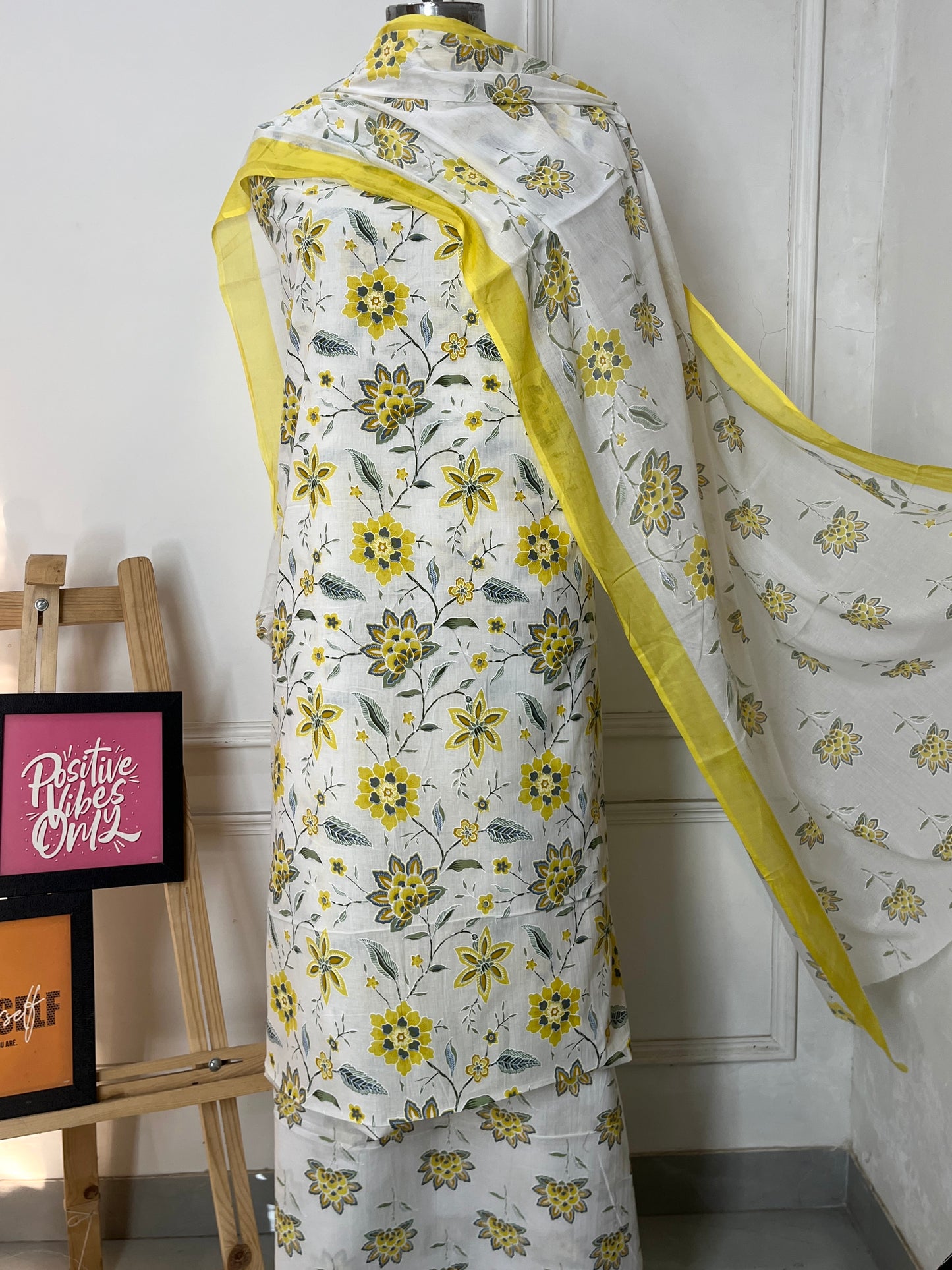 White Floral Cambric Cotton Suit