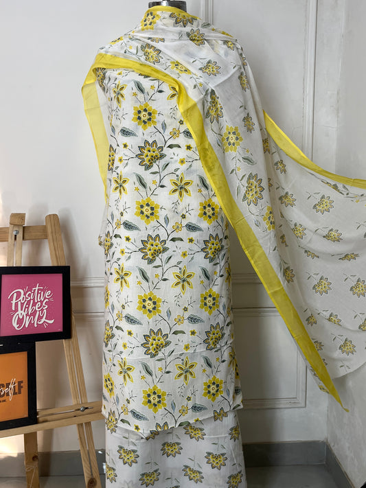 White Floral Cambric Cotton Suit