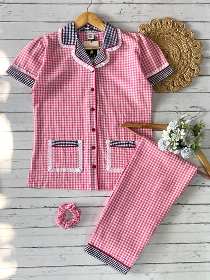 Pink Blue Check Pj Set (Women)
