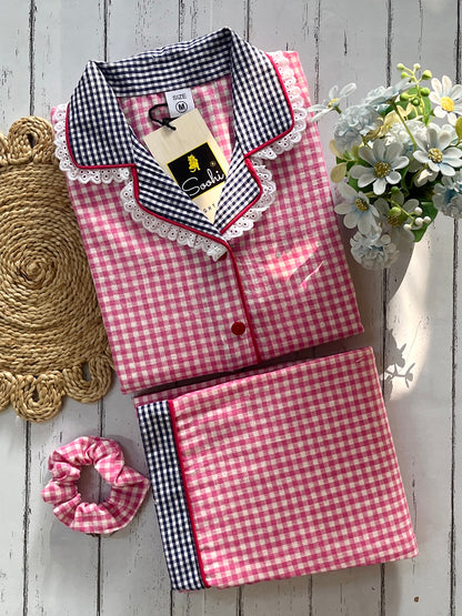Pink Blue Check Pj Set (Women)