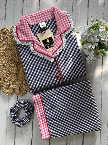 Blue Pink Check Pj Set (Women)