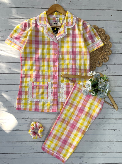 Yellow Multi Checks Pj Set (Women)