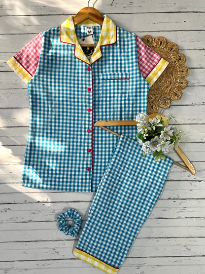 Blue Multi Checks Pj Set (Women)