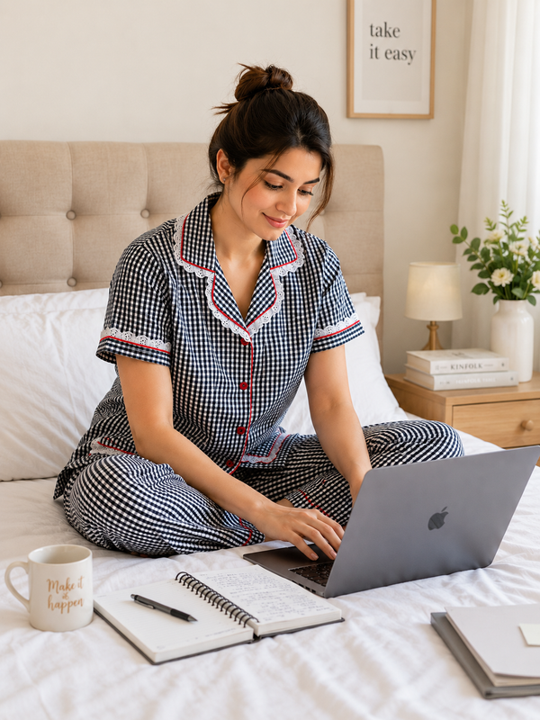 Black White Checks Pj Set (Women)