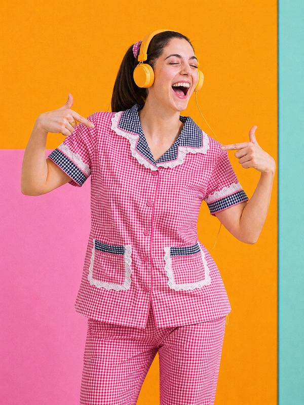 Pink Blue Check Pj Set (Women)