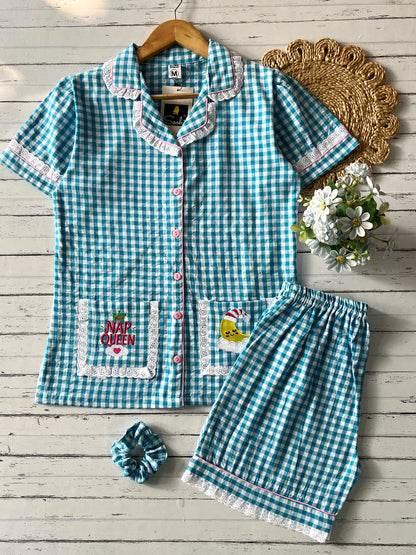 Blue Check with Shorts Set (Women)