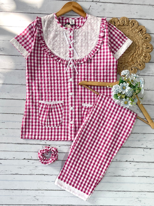 Pink Checks Round Neck Pj Set (Women)