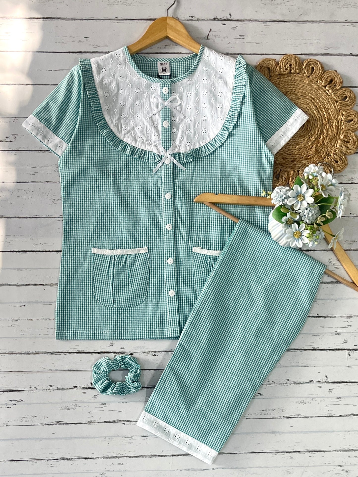 Green Checks Round Neck Pj Set (Women)