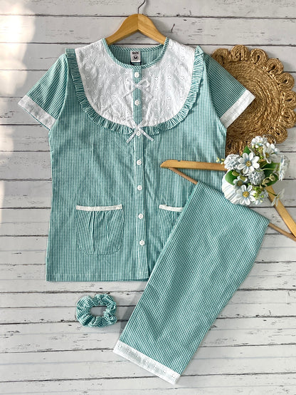 Green Checks Round Neck Pj Set (Women)