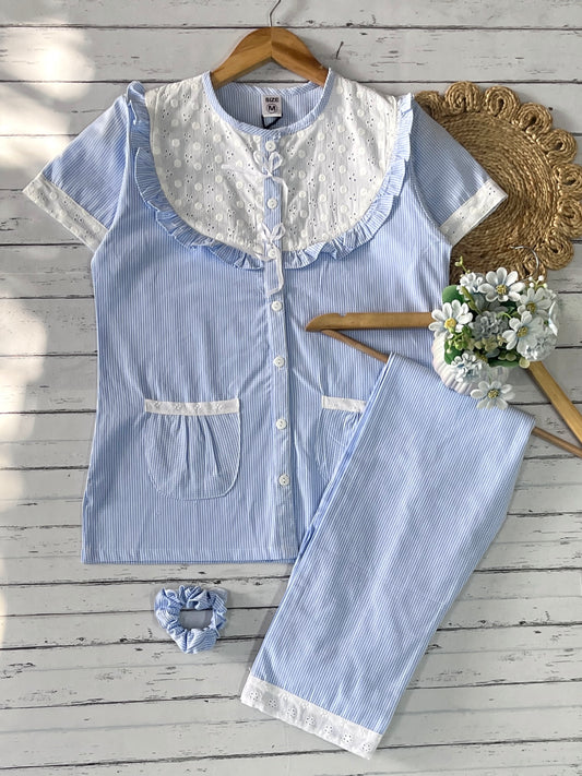 Blue Checks Round Neck Pj Set (Women)
